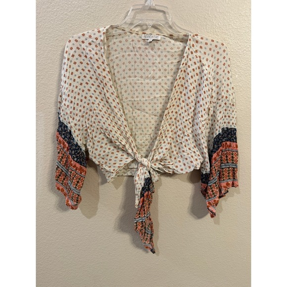 Patrons of Peace Tops - Patrons of Peace Floral Boho Tie Front Crop Top Cream Mixed Print Rayon Small